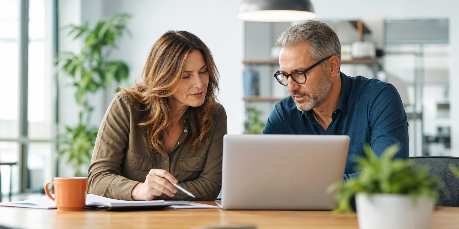 Small business owner and consultant reviewing website visibility planning for Google AI Overviews