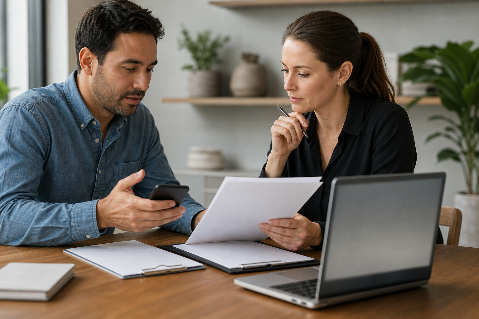 Small business owner and operations lead reviewing blank consent forms before automating appointment reminders