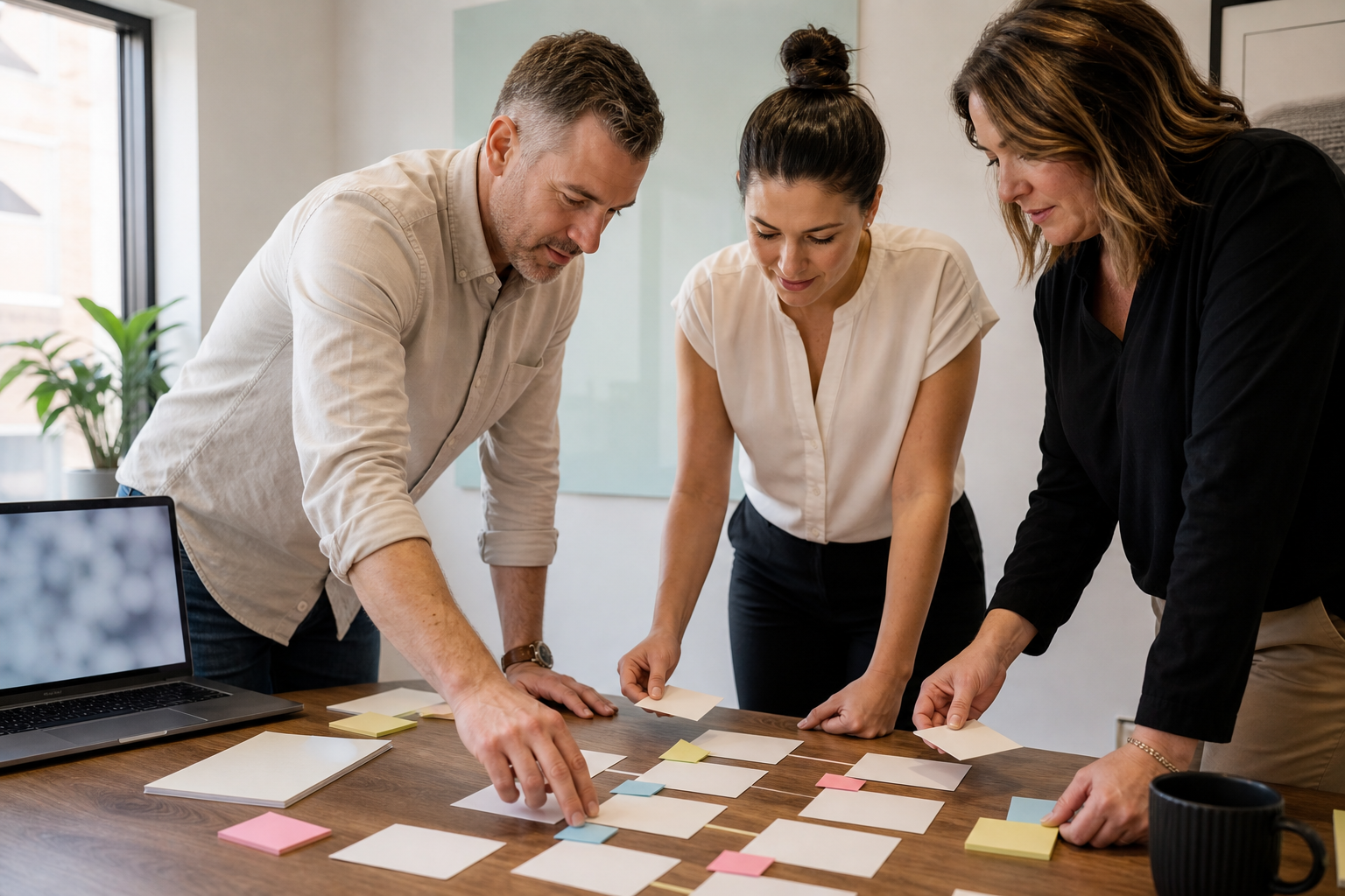 Small business team arranging blank cards into an appointment reminder and follow-up workflow