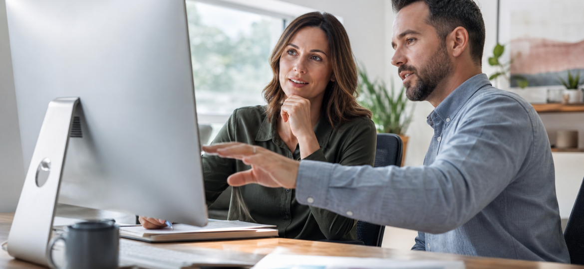 Small business owner and consultant reviewing Bing Copilot AI search visibility planning