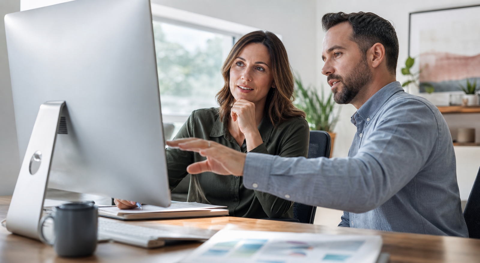 Small business owner and consultant reviewing Bing Copilot AI search visibility planning