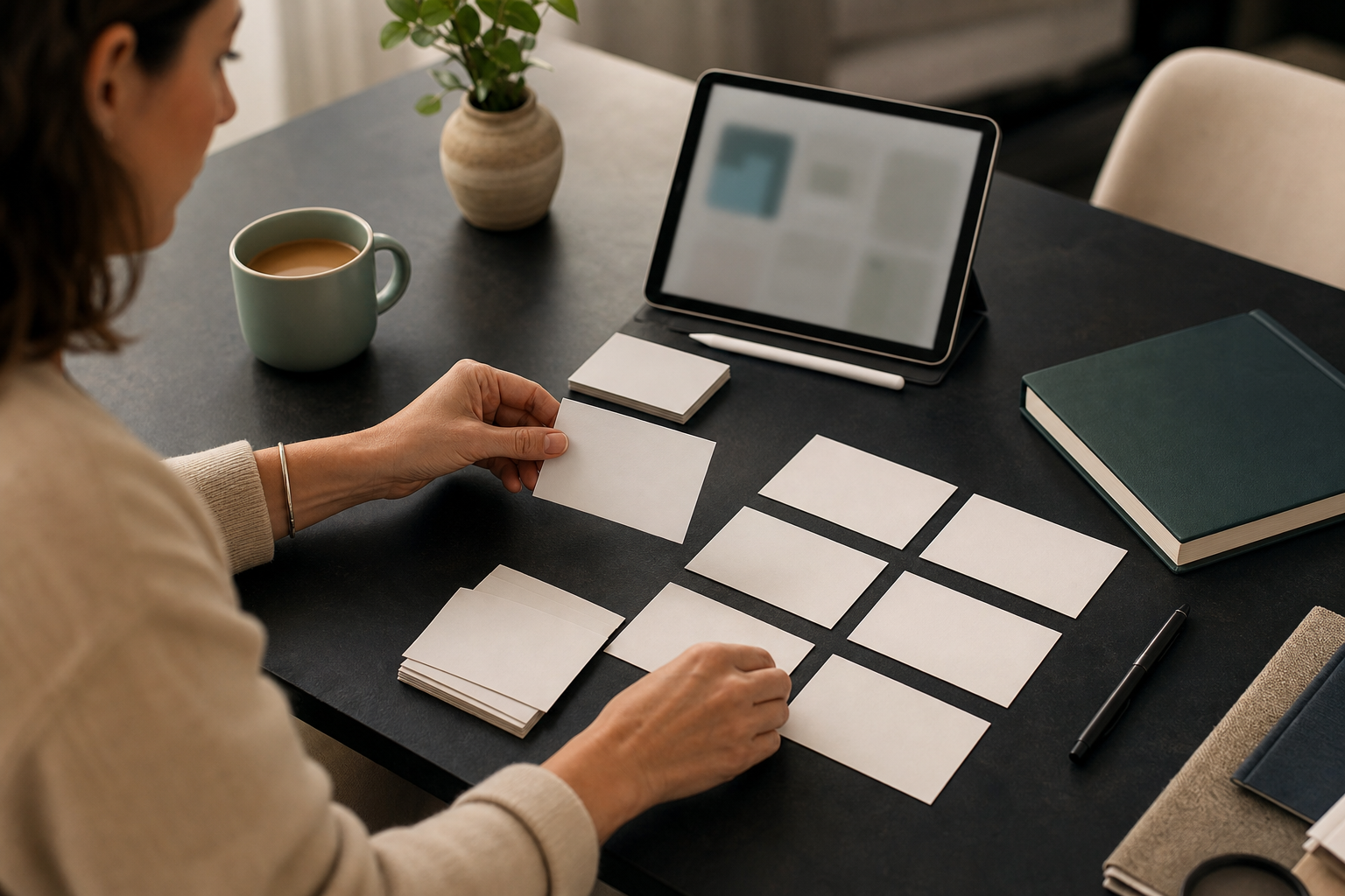 Small business owner arranging blank cards for a practical brand voice guide before using AI for social media posts