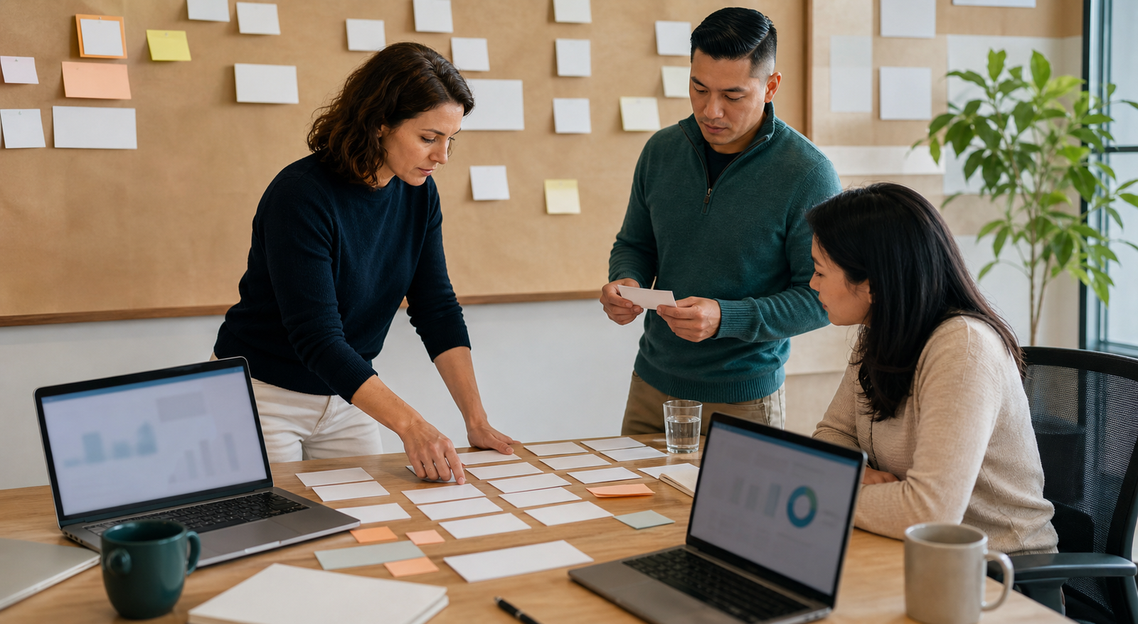 Small business team organizing buyer questions for AI search visibility