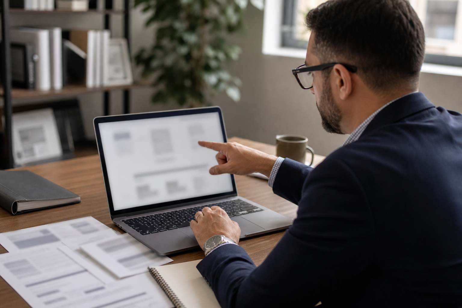 Professional services owner reviewing a blurred service page and proof points
