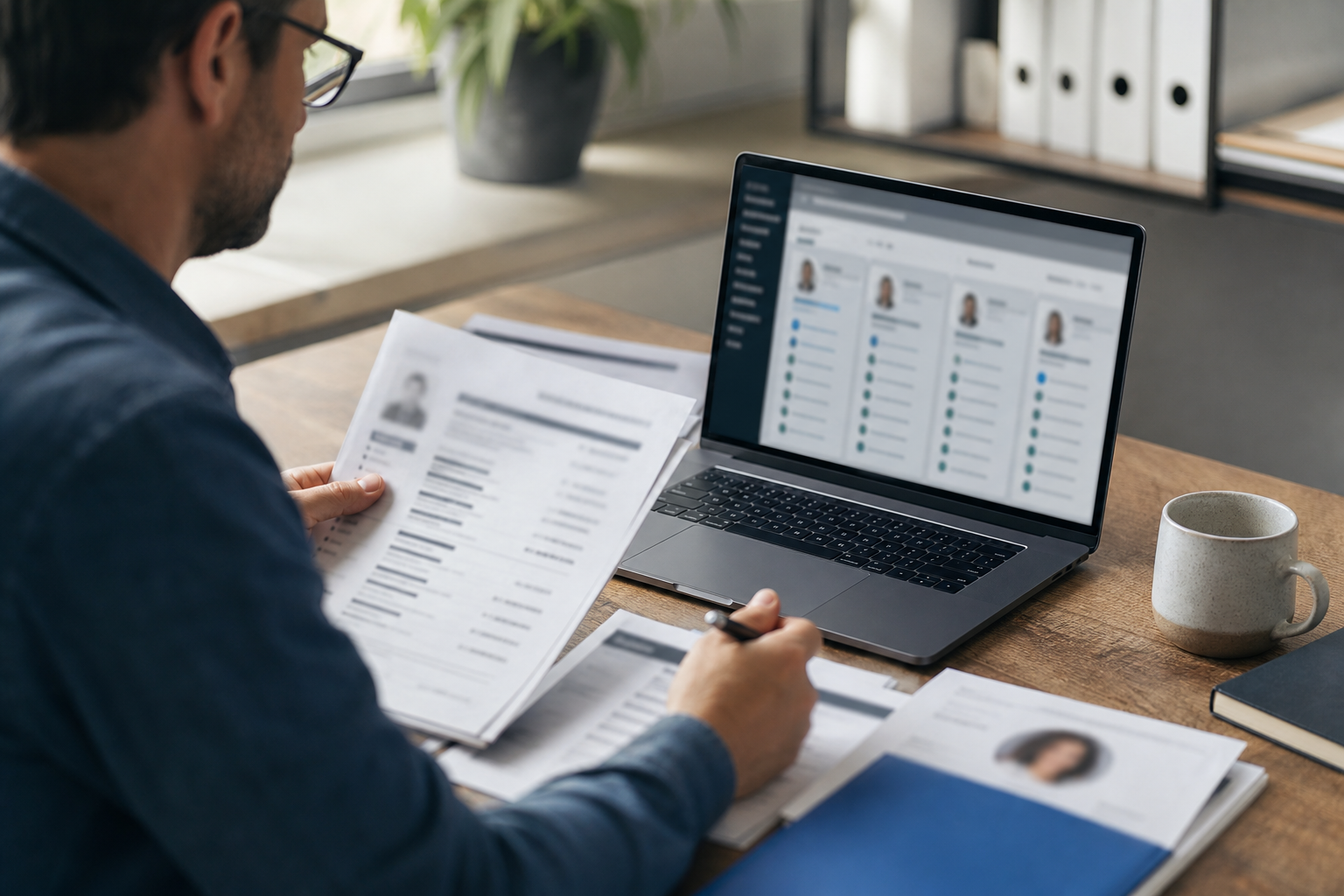 Small business hiring manager reviewing candidate materials with AI-assisted screening support and unreadable documents
