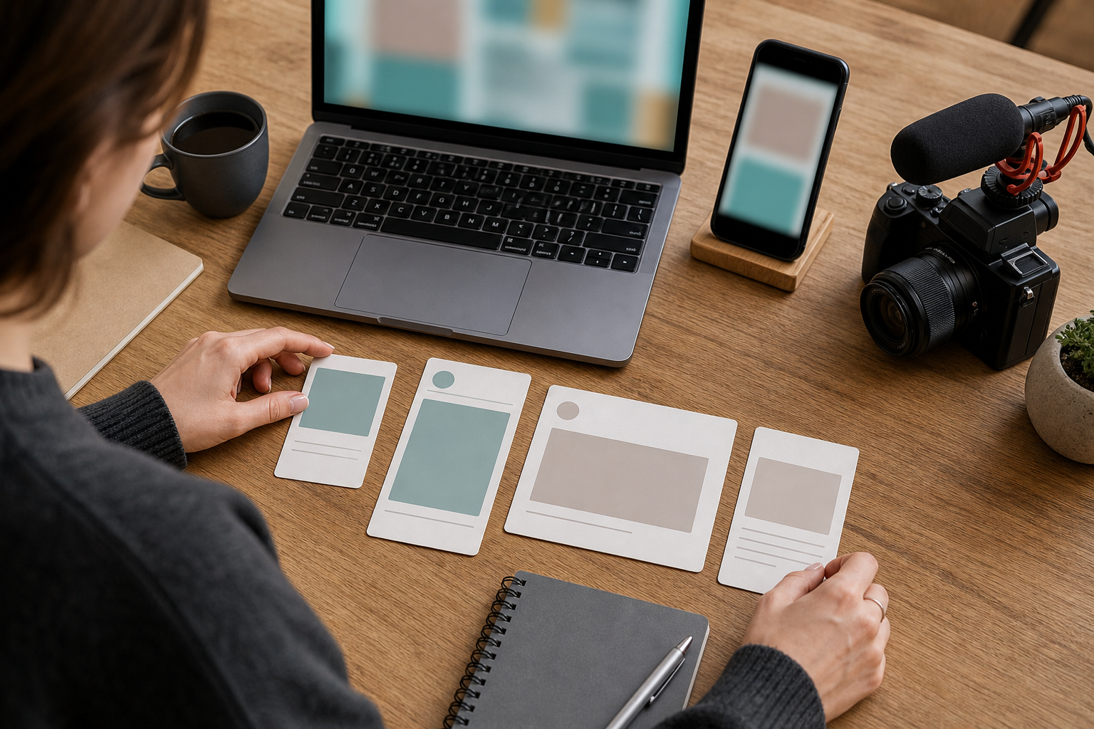 Marketing coordinator adapting one customer insight into different social media formats with blank cards and blurred screens