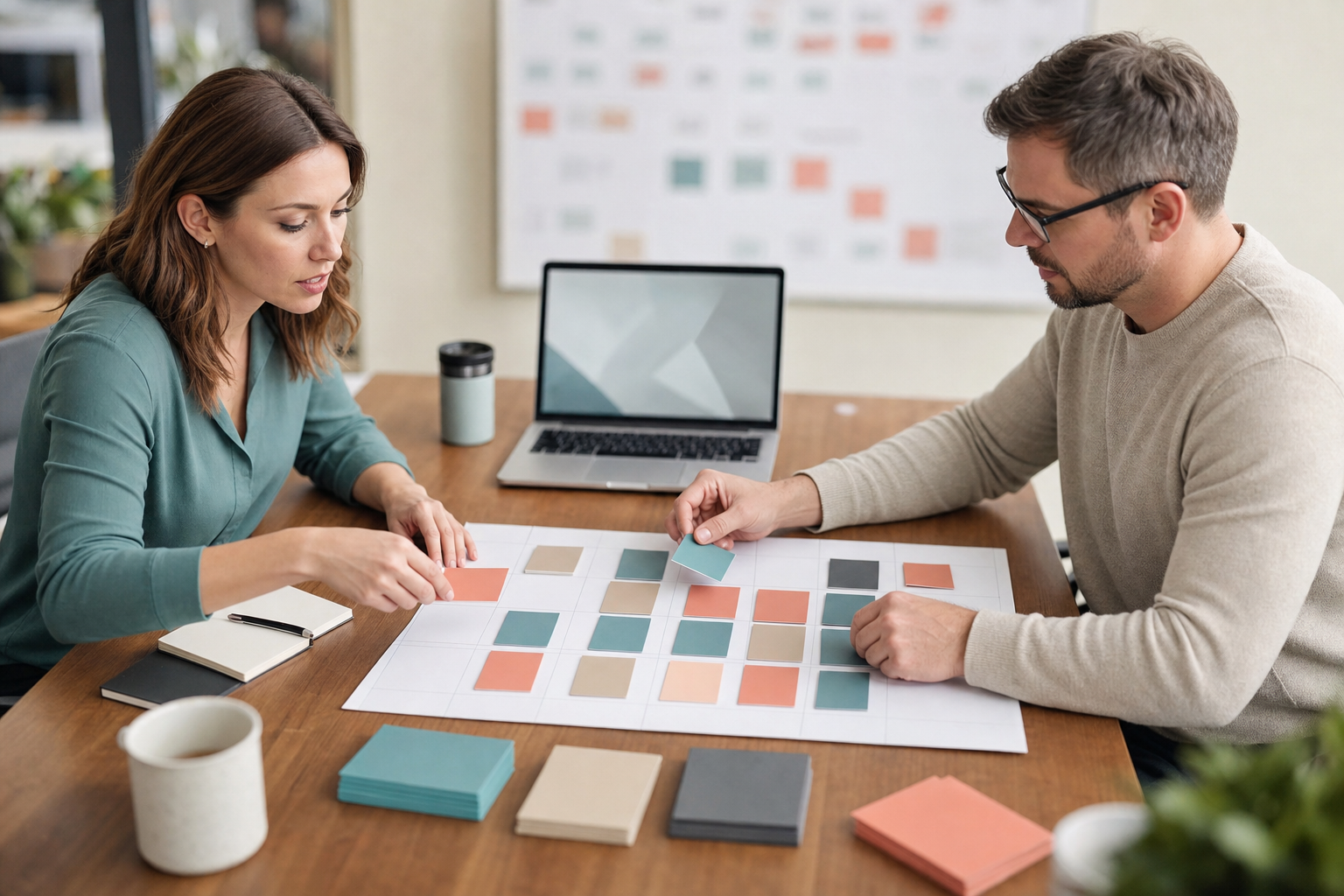 Small business team planning a channel-specific publishing calendar with blank content cards