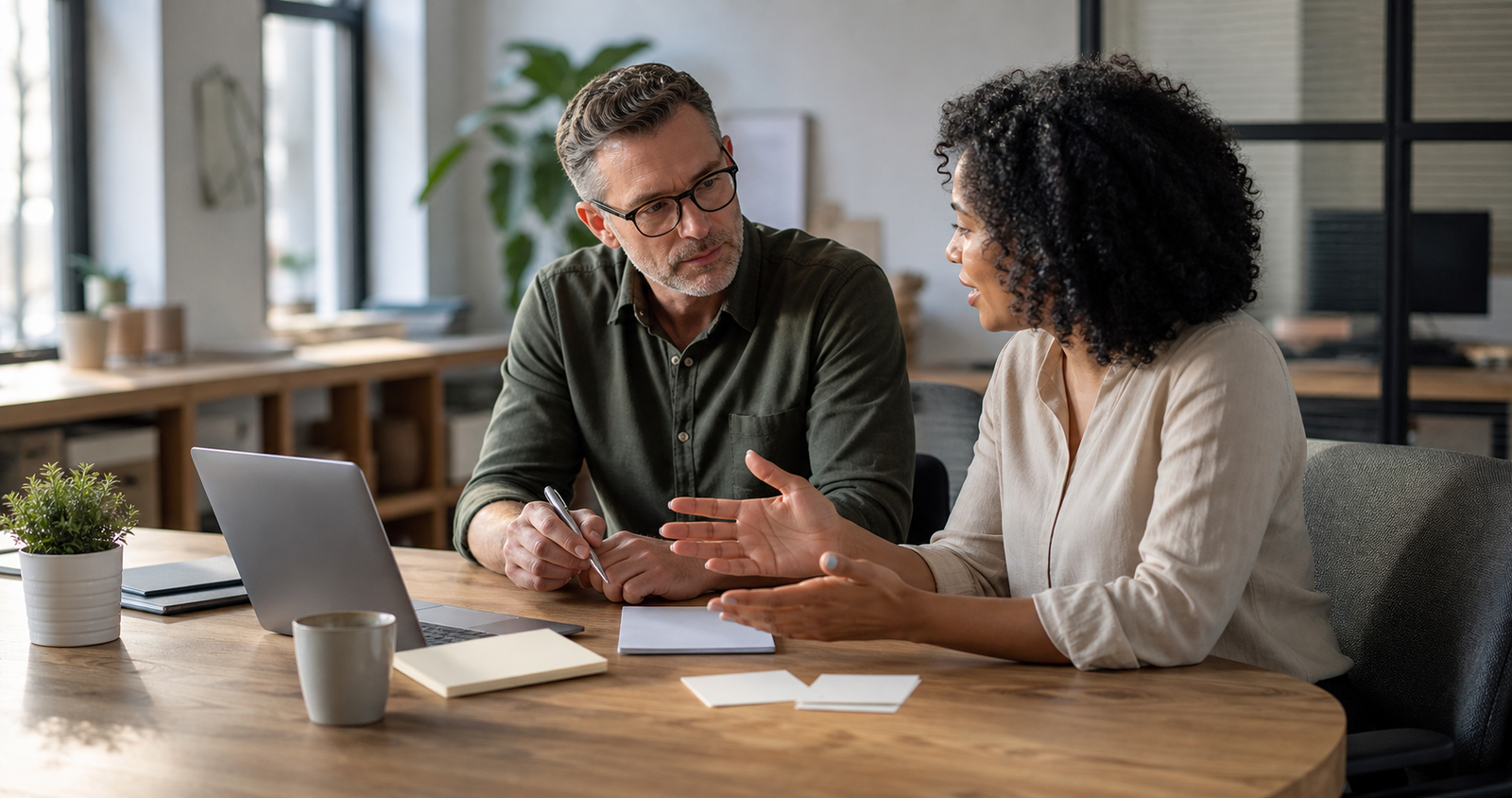 Small business owner and AI advisor reviewing a ChatGPT Search visibility plan