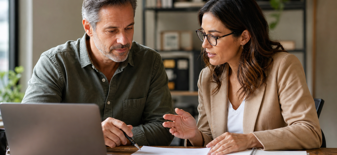 Small business owner and AI advisor reviewing a ChatGPT visibility gap plan