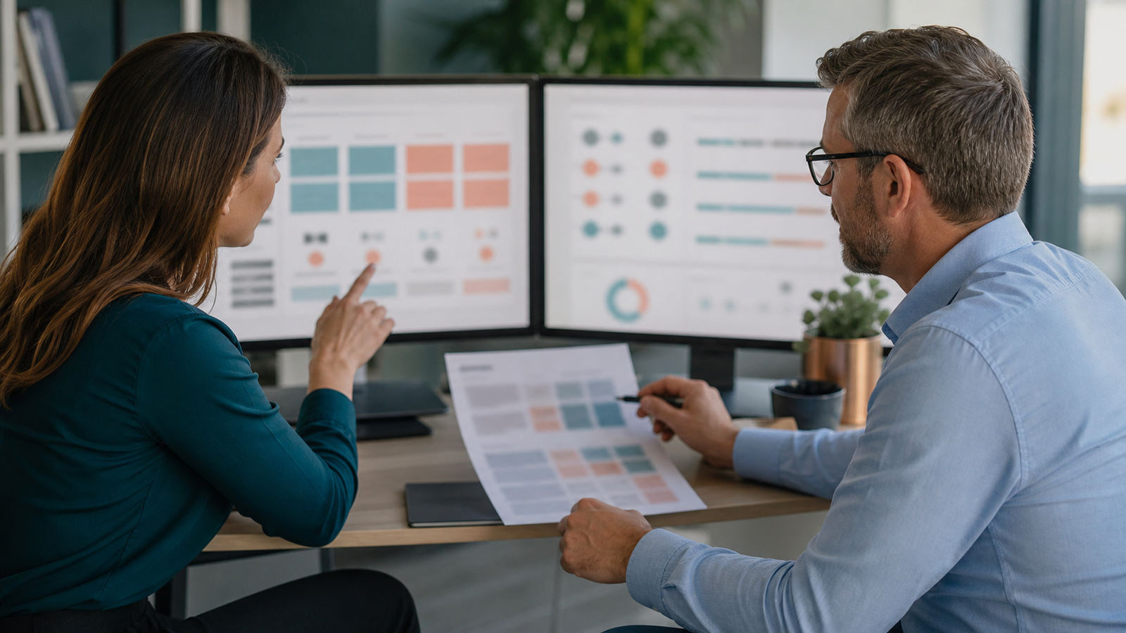 Business owner and consultant reviewing repeatable AI citation tests on blurred screens