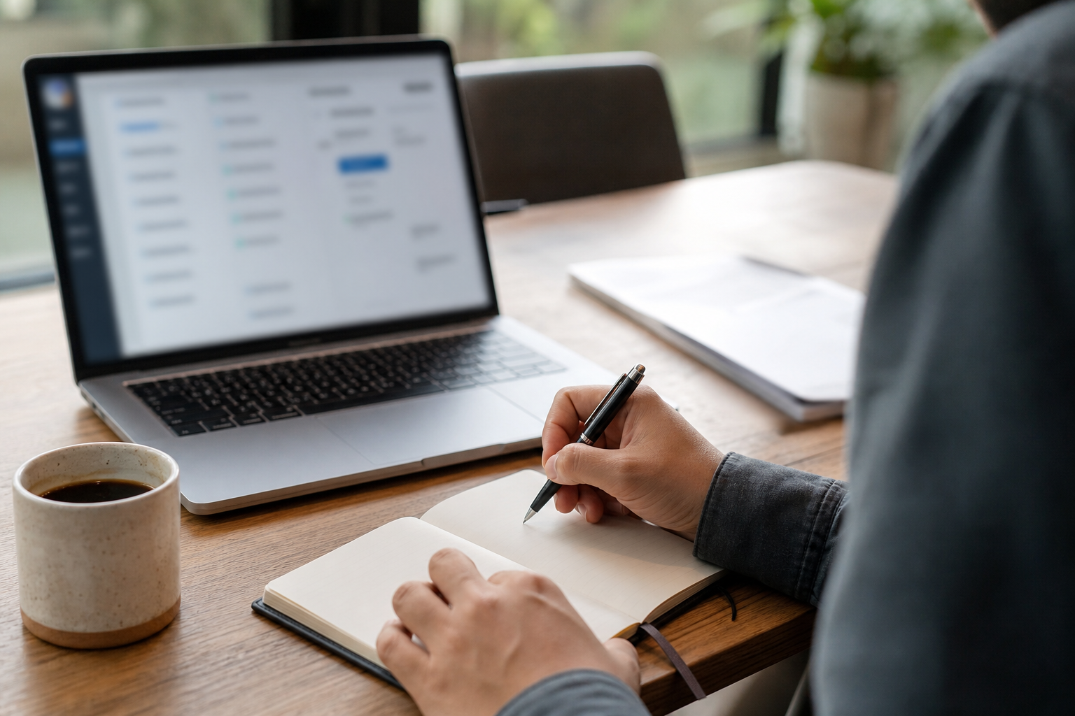 Consultant writing notes beside a blurred client follow-up workflow on a laptop