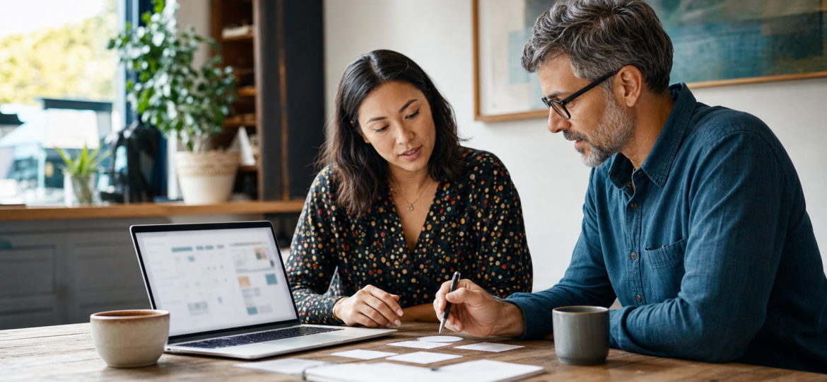 Small business owner reviewing AI automation partner options with a practical advisor
