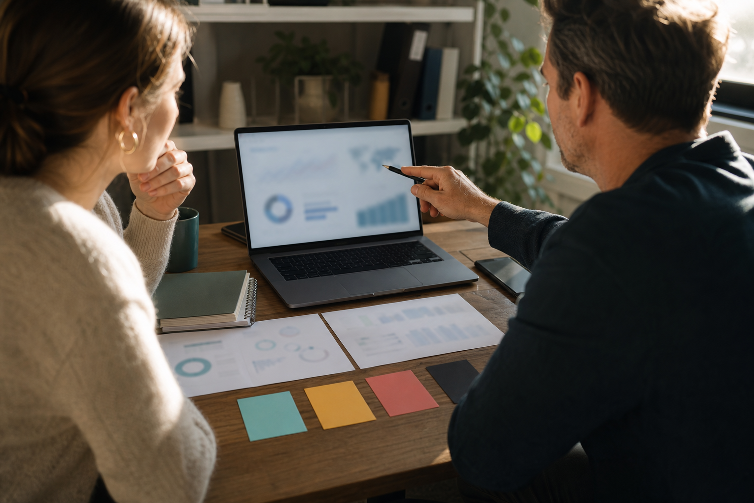 Small business owner reviewing blurred performance charts for repurposed content assets