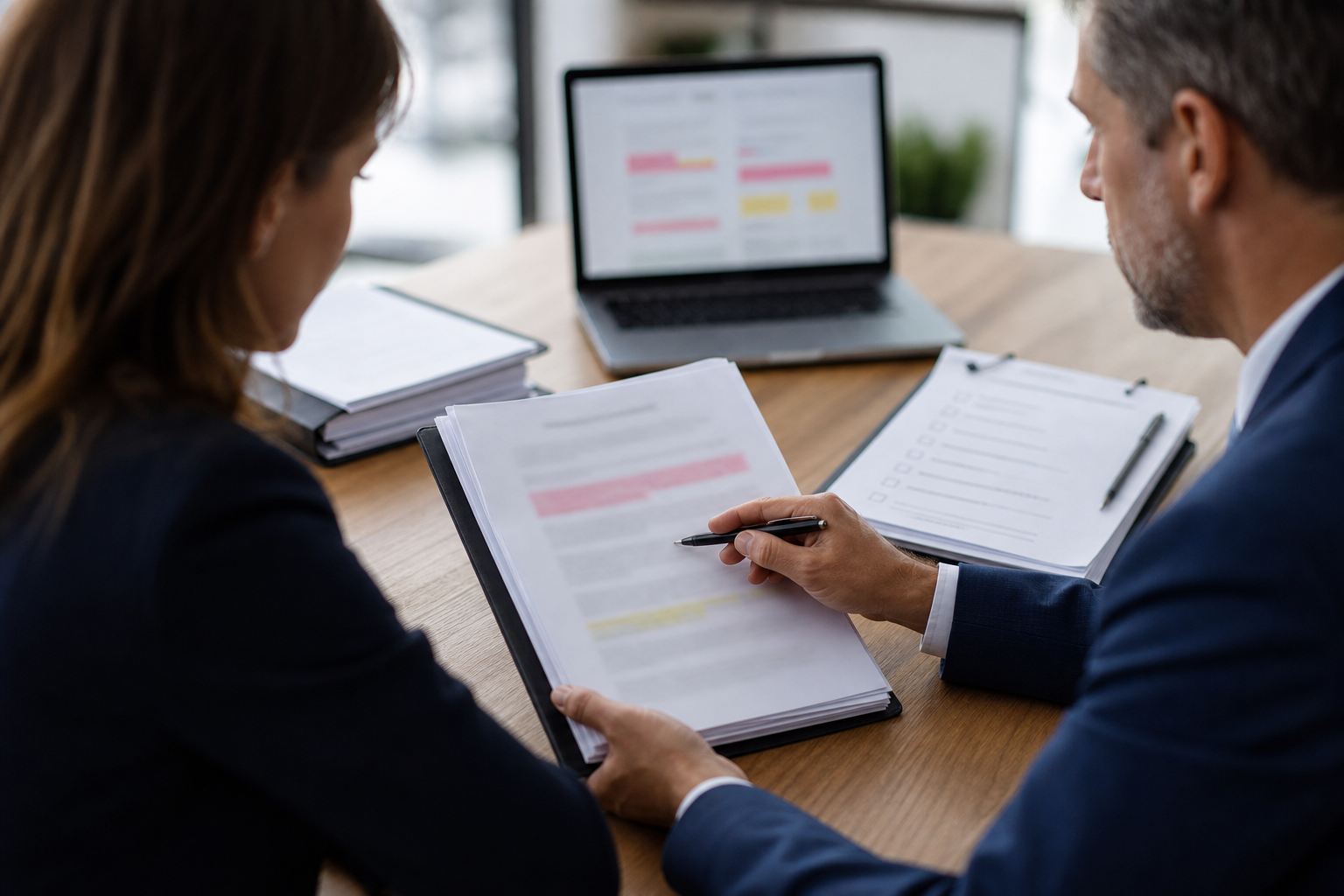 Small business owner and adviser reviewing contract risk flags with blurred contract text