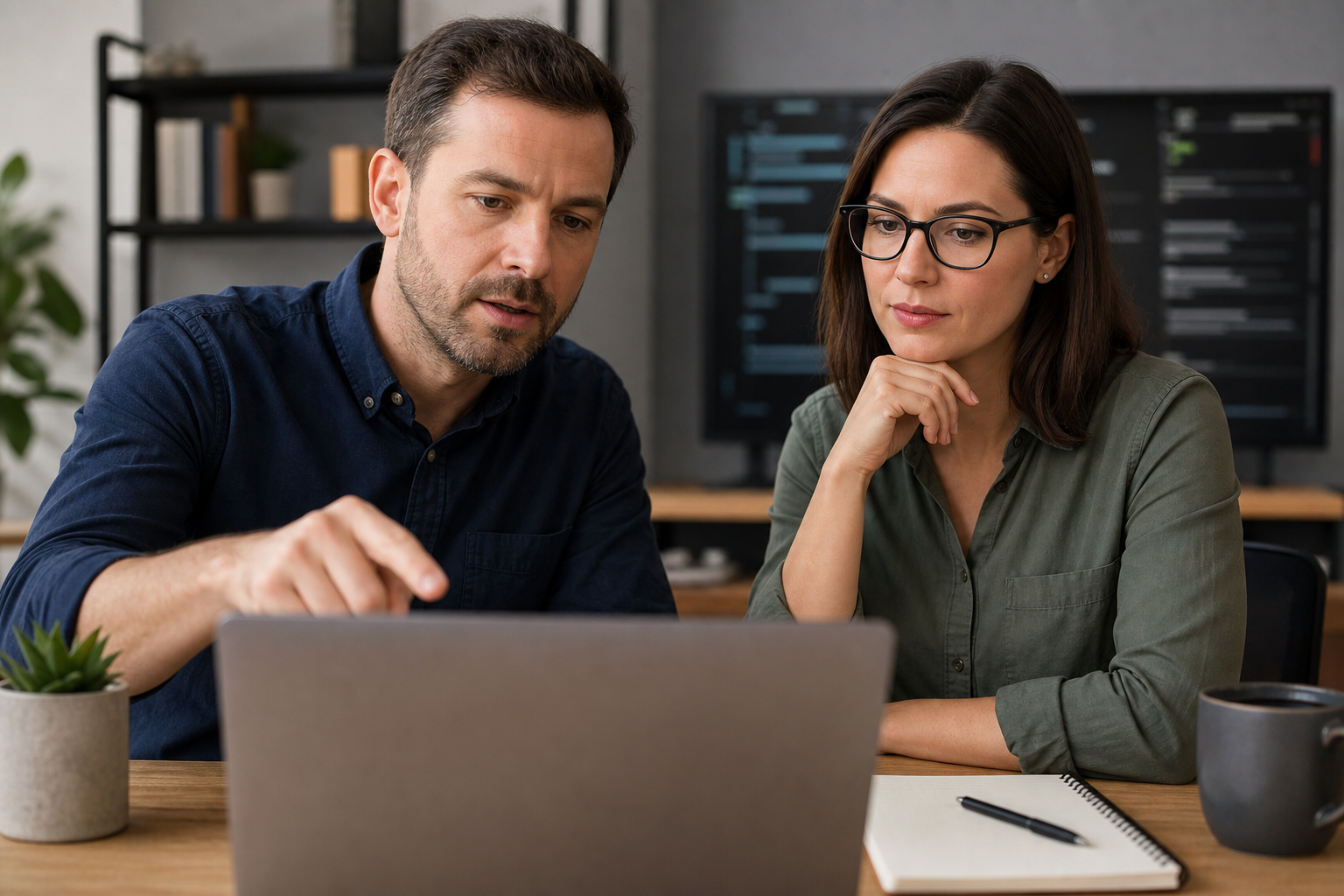 Website owner and technical advisor reviewing crawl access with abstract unreadable screens