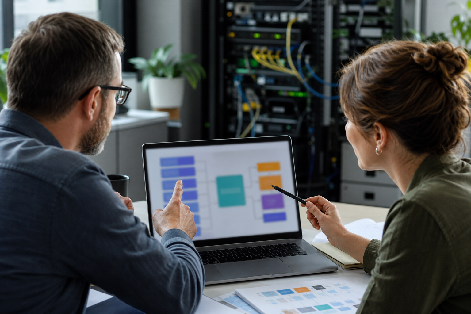 Small business owner and technical advisor reviewing crawl readiness and IndexNow update workflow on an abstract screen