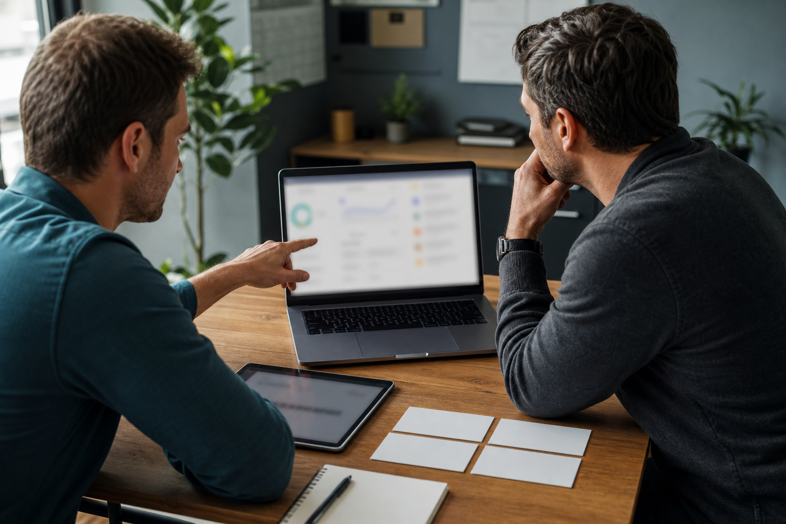 SMB owner and web specialist reviewing a blurred website access dashboard with blank checklist cards