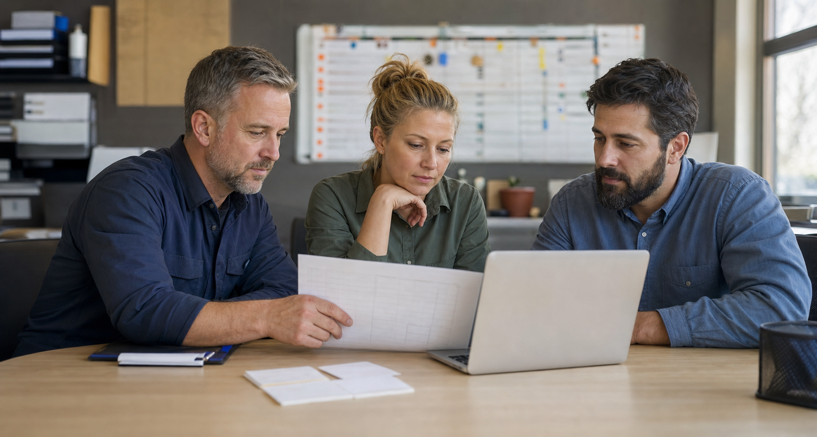 Small business team reviewing website crawler access with an unreadable checklist
