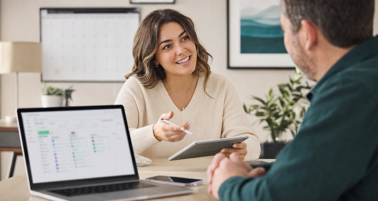 Small business CRM handoff after a client intake form with blurred unreadable interface