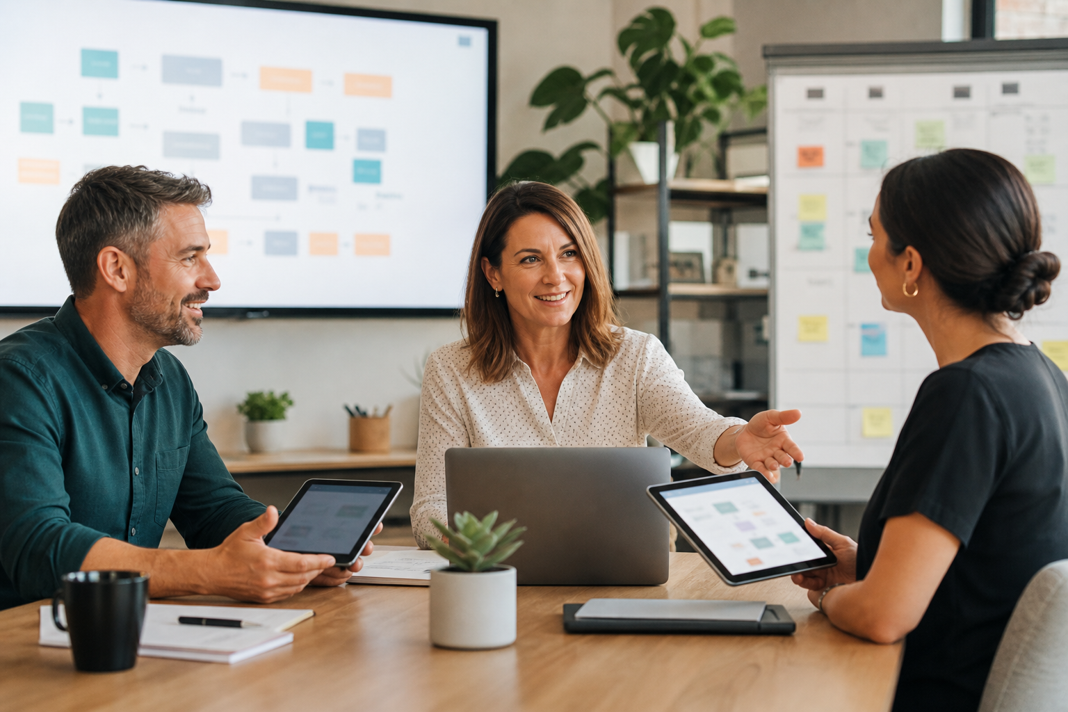 Sales admin and delivery leads coordinating an AI first workflow handoff across departments