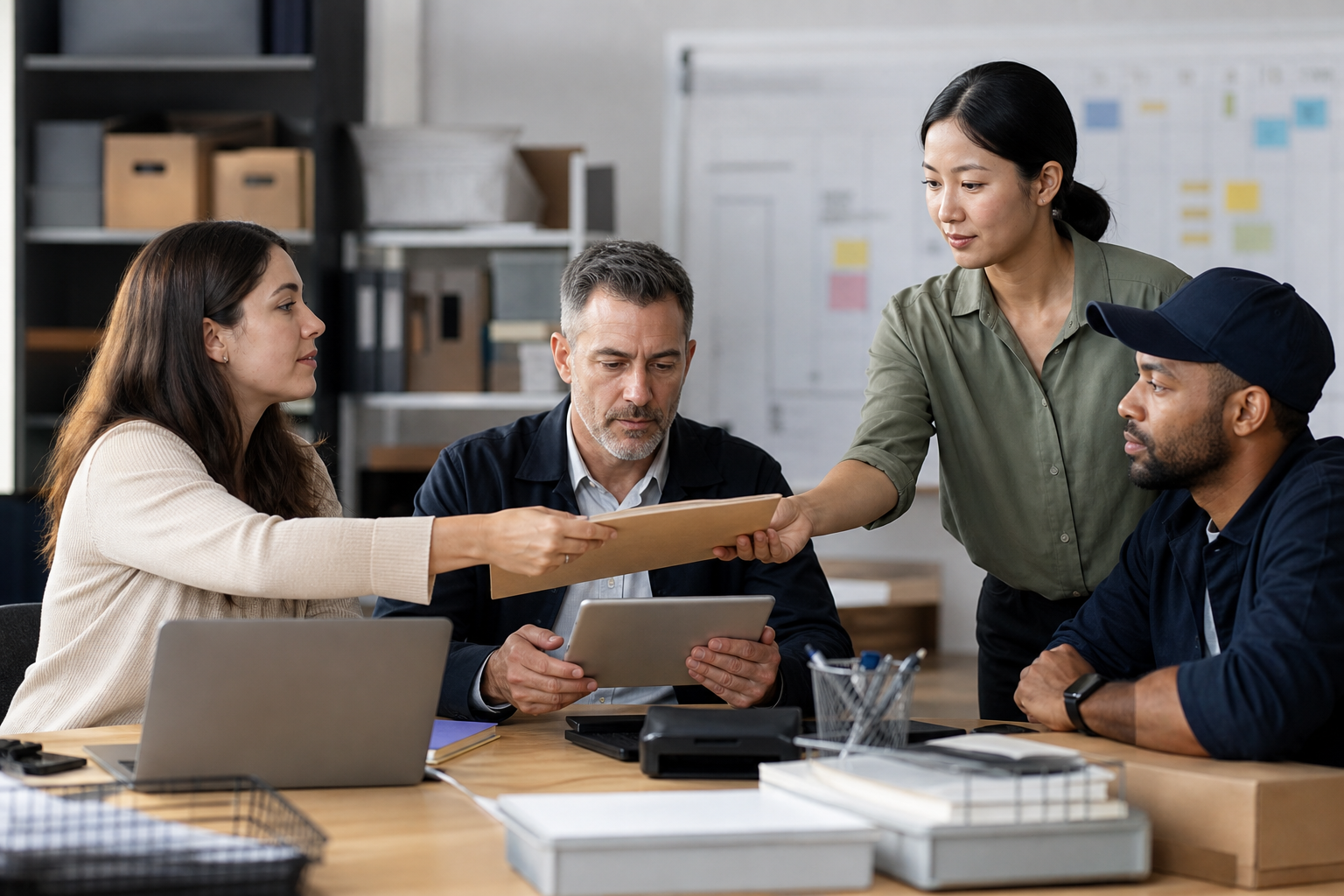 Sales admin and delivery leads coordinating an AI first workflow handoff across departments