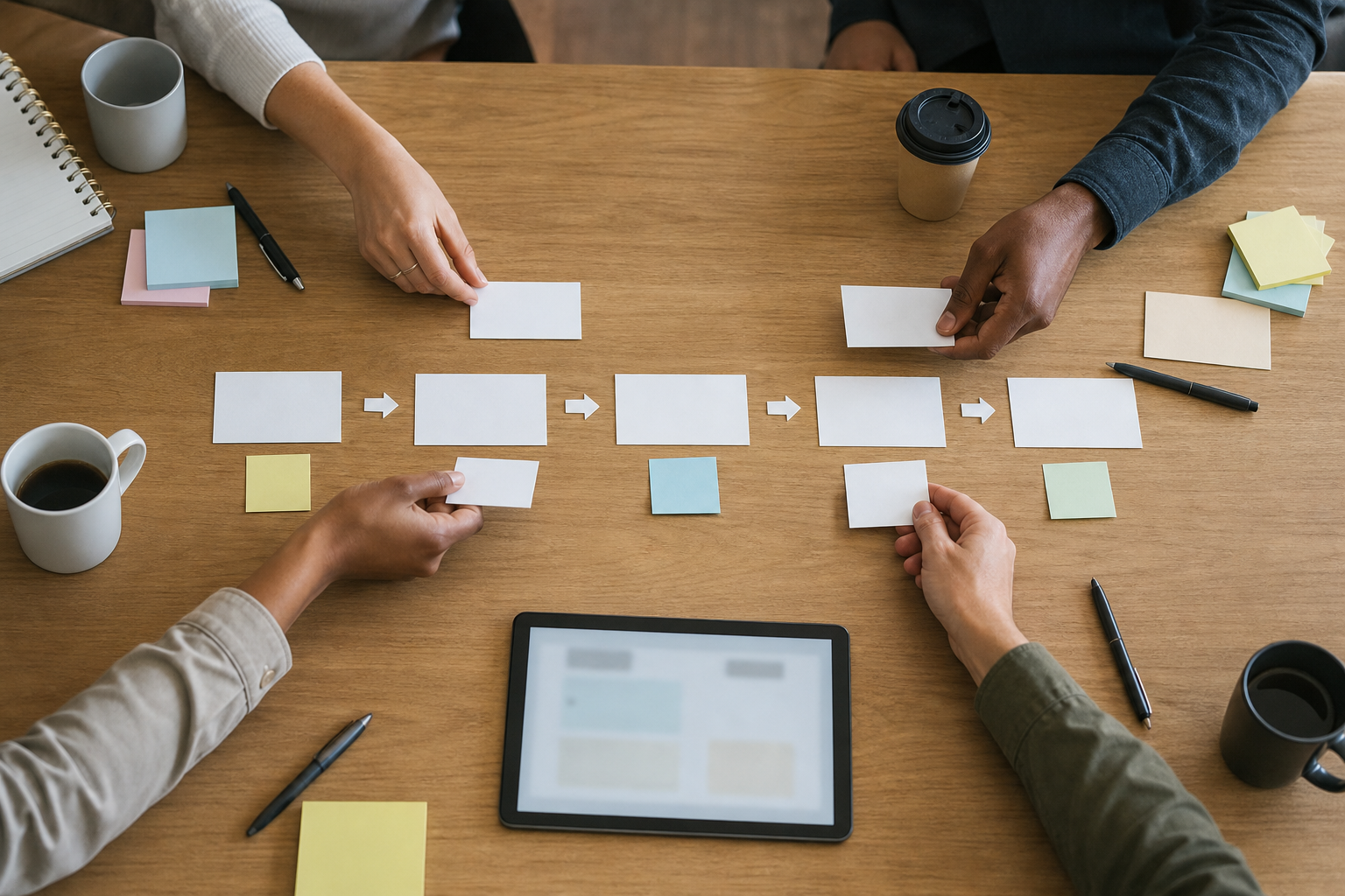 Small business team arranging a current-state workflow map before choosing AI tools
