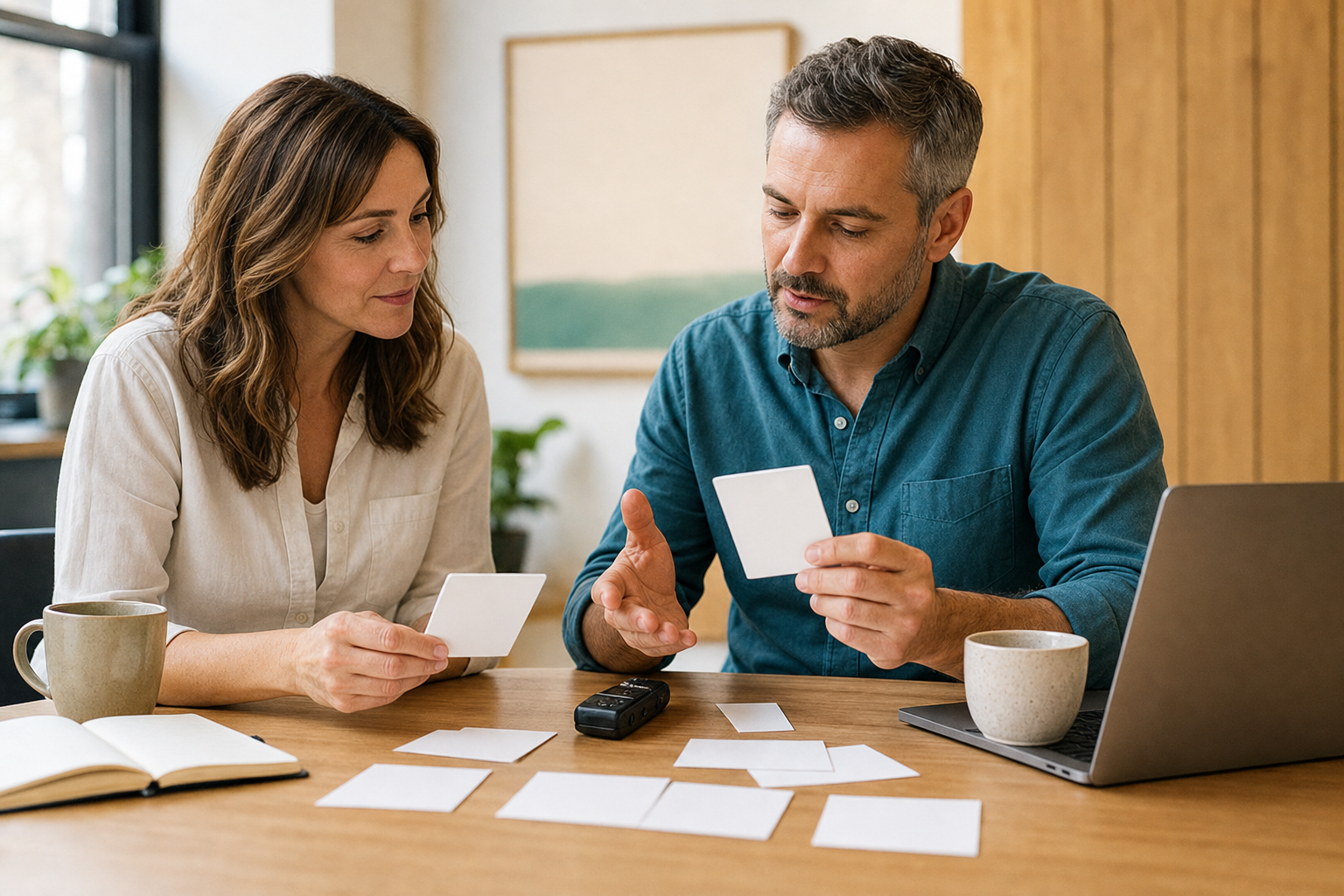 Small business owner and teammate turning an anonymized customer conversation into reusable content source material