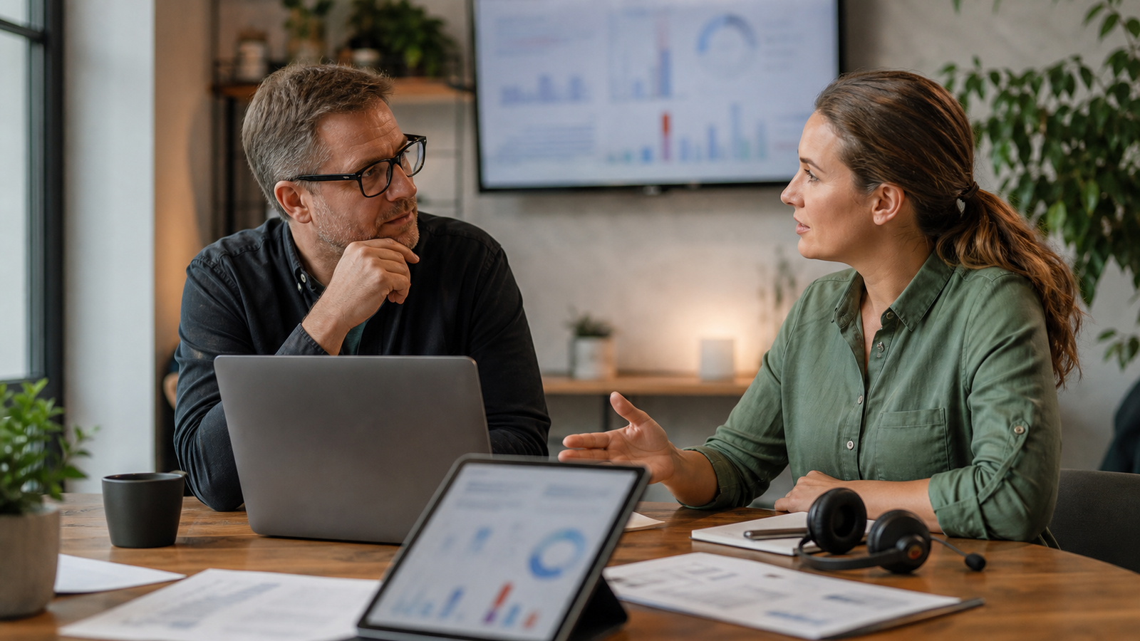 Small business owner and support manager reviewing blurred customer support workflow performance charts