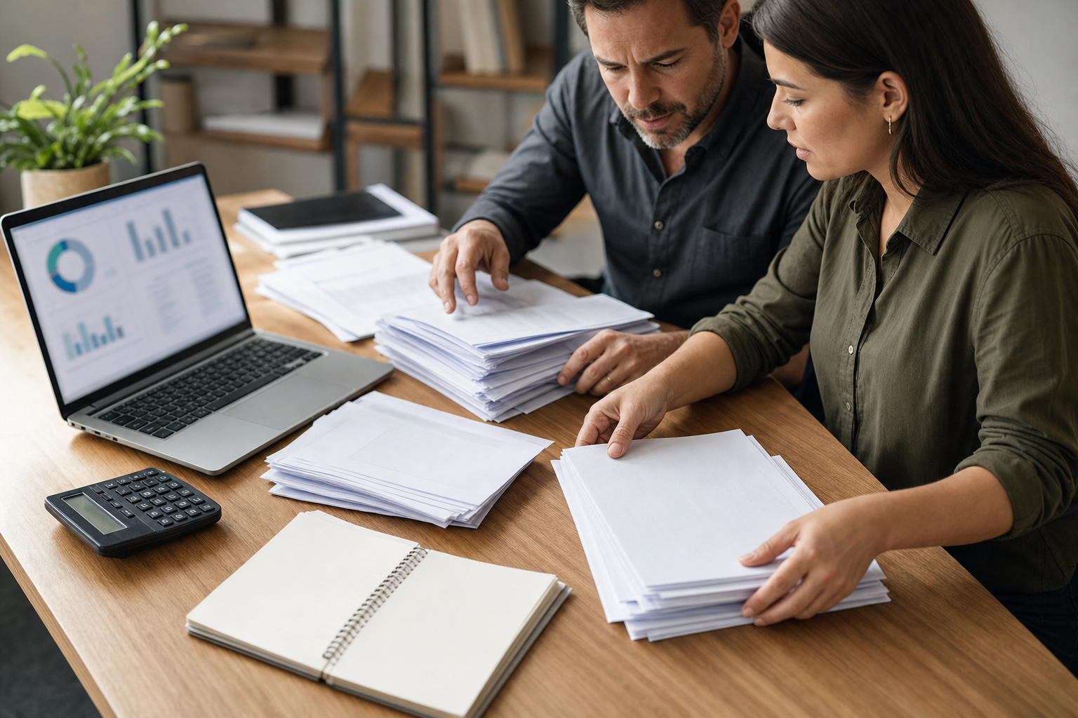 Small business owner and operations manager reviewing blank documents and blurred charts before AI implementation