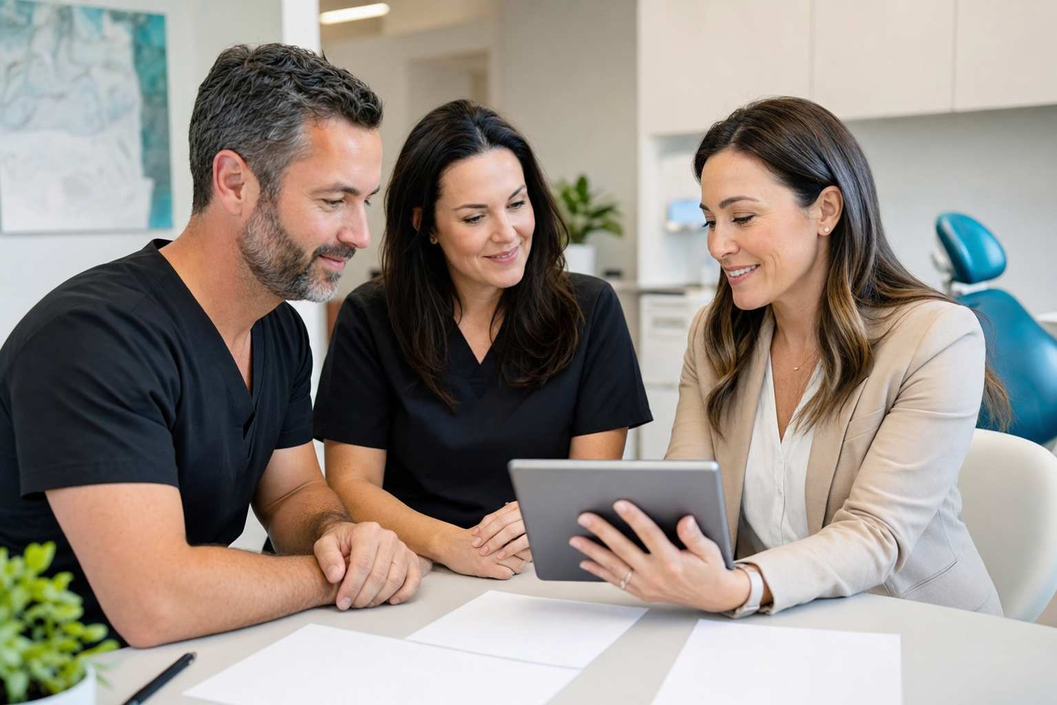 Dental clinic owner and office manager reviewing AI search visibility planning with a consultant