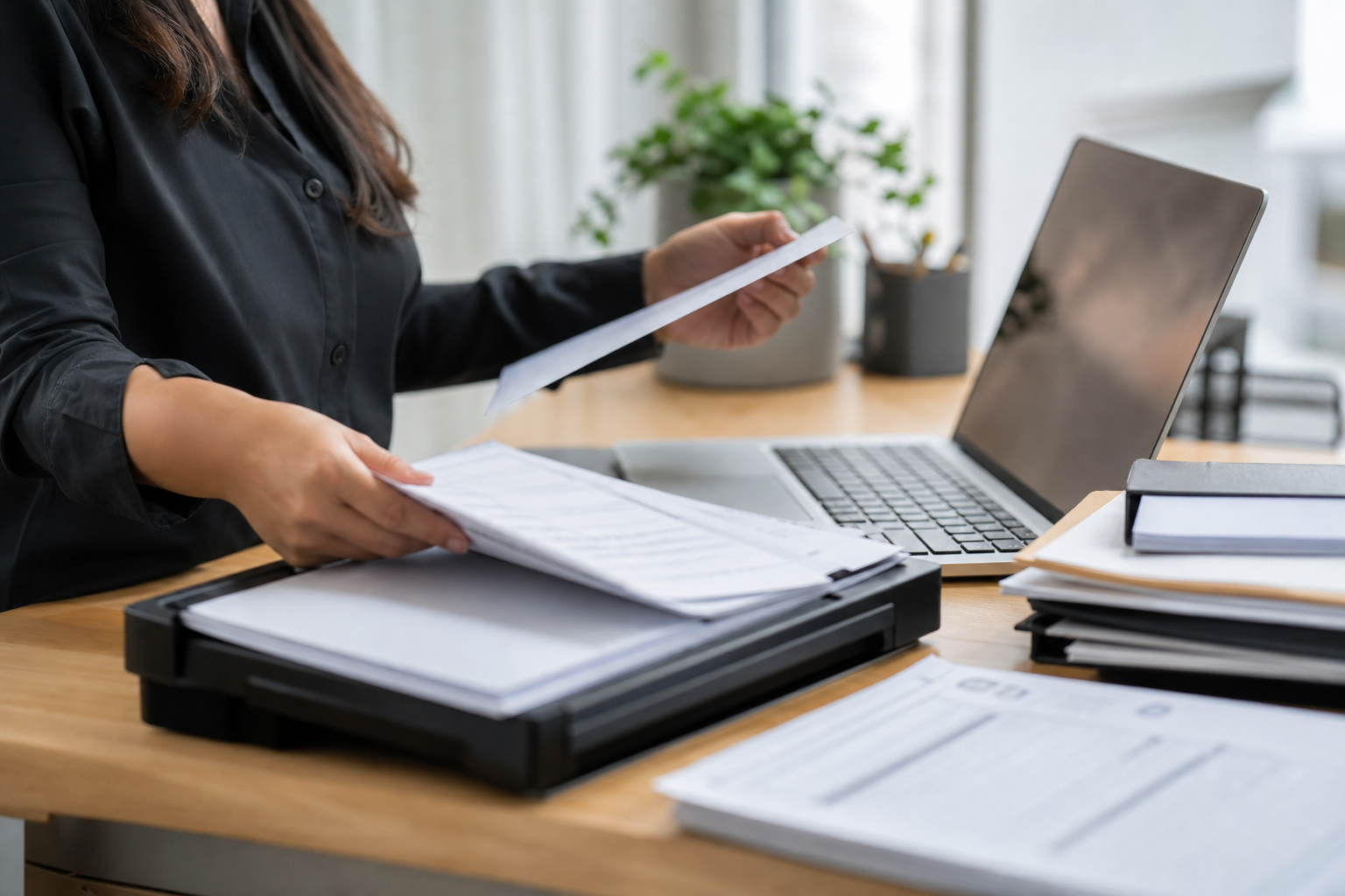 Small business employee scanning and sorting incoming documents with unreadable contracts and forms
