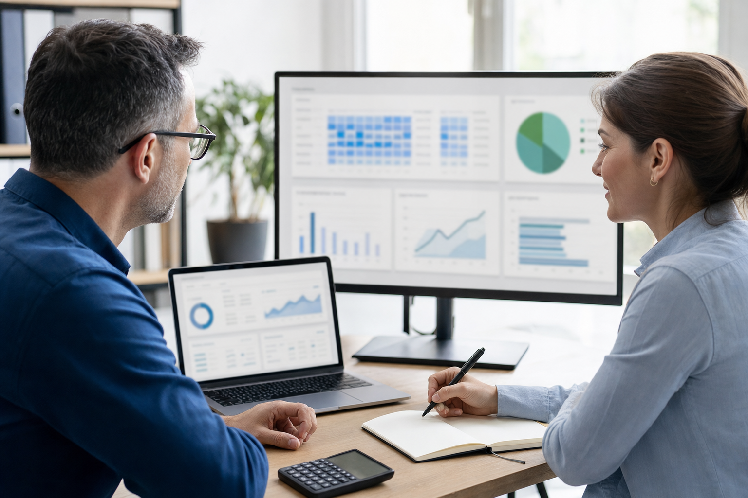 Small business owner and marketing assistant reviewing blurred email automation performance charts