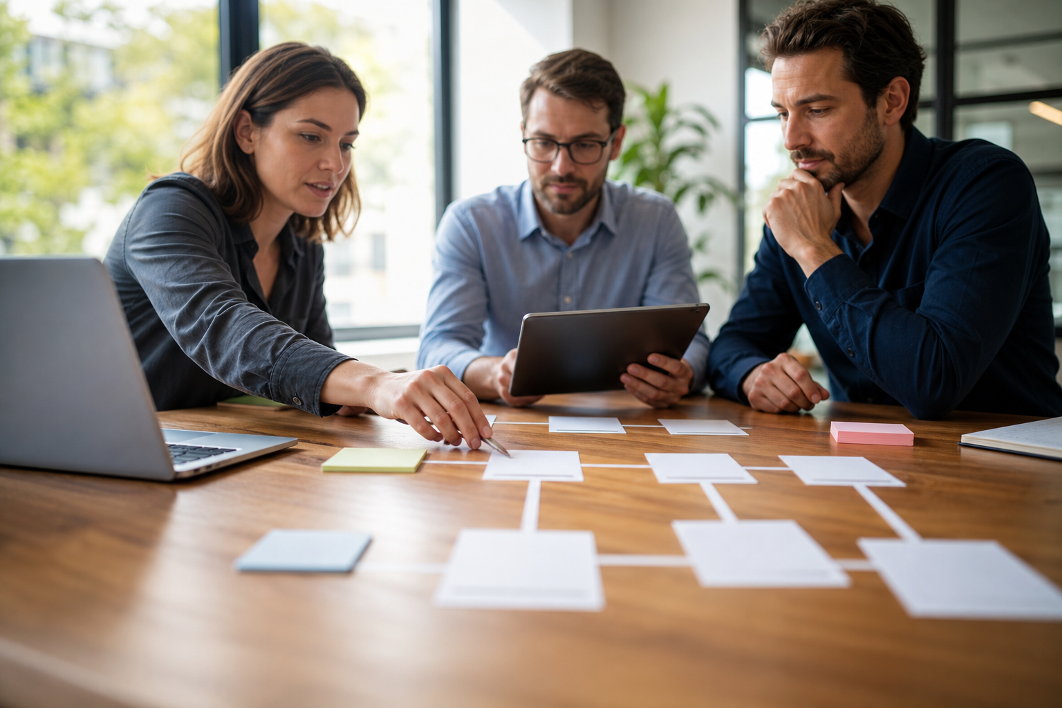 Small team planning blank customer email trigger cards and follow-up steps on a meeting table