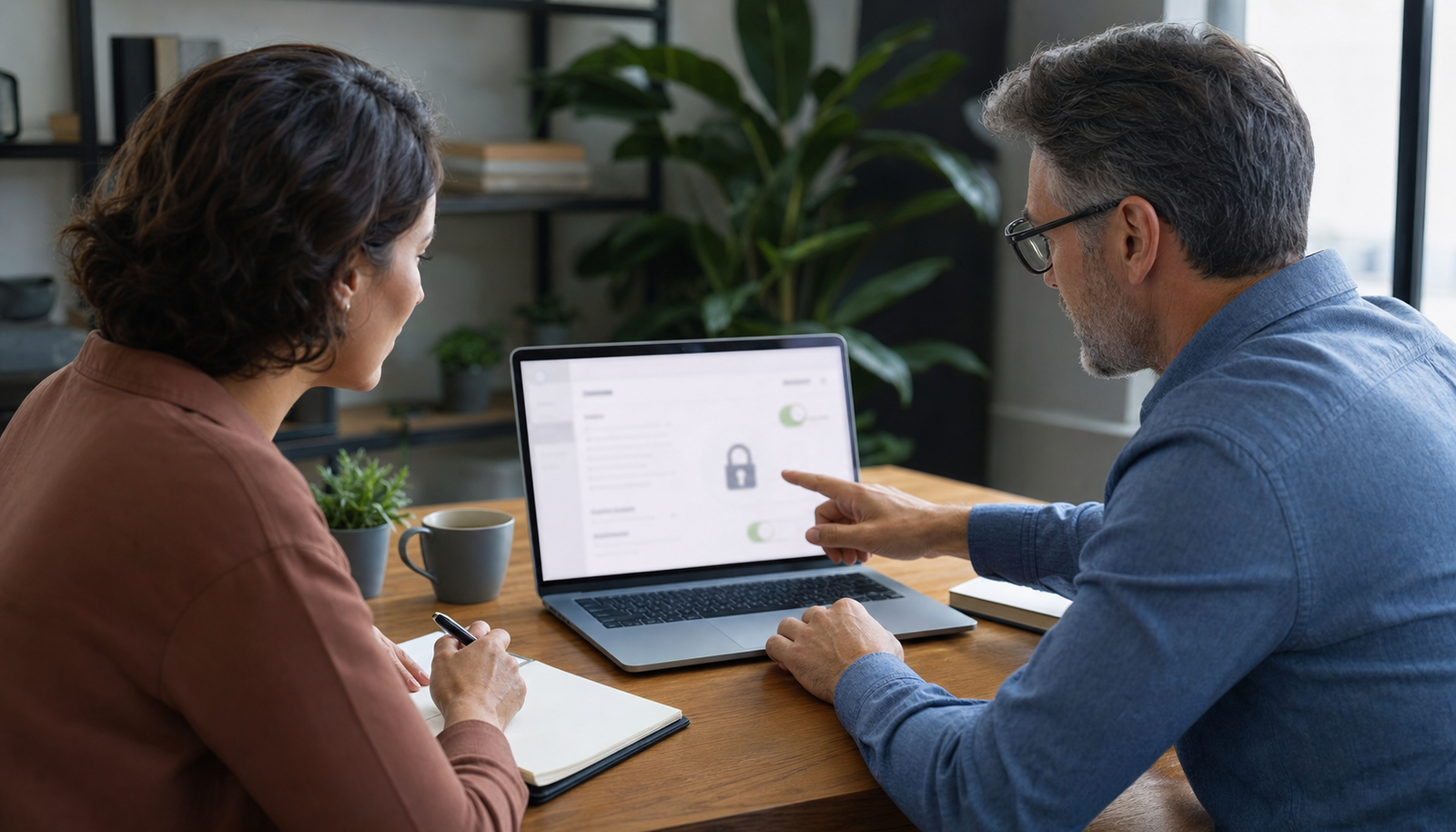 Small business owner and consultant reviewing blurred email deliverability and compliance settings