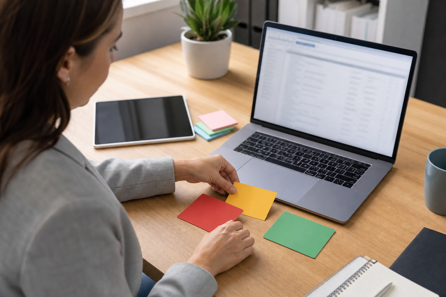Small business admin sorting blurred customer emails into simple priority groups with blank colored cards