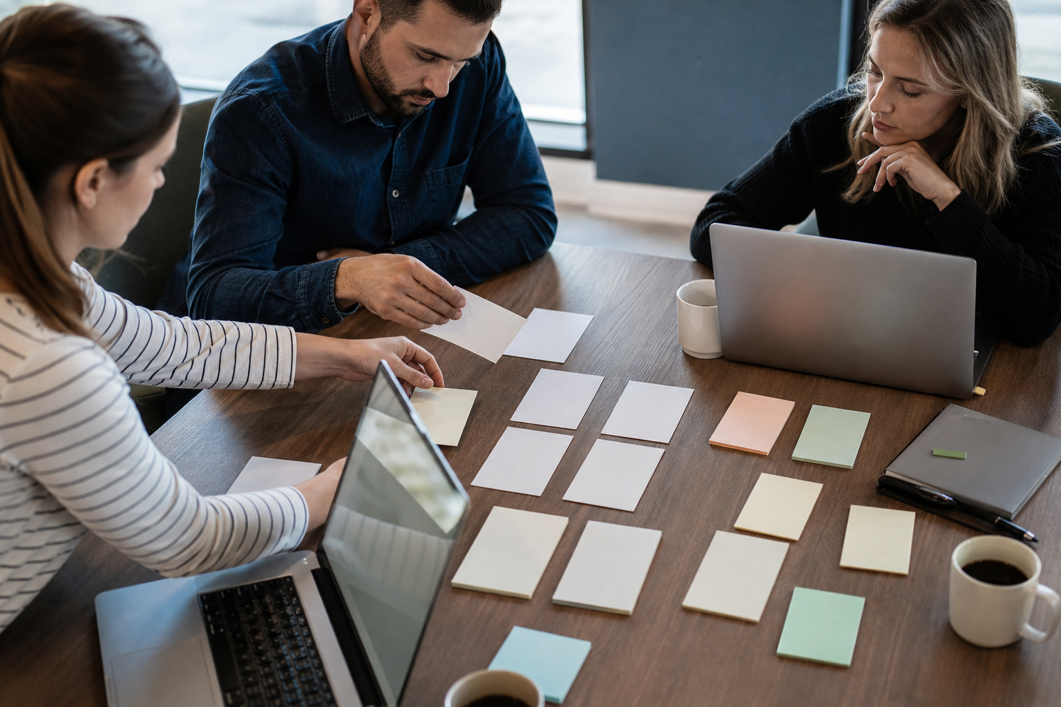 Small business team mapping evidence and FAQ cards for AI search visibility