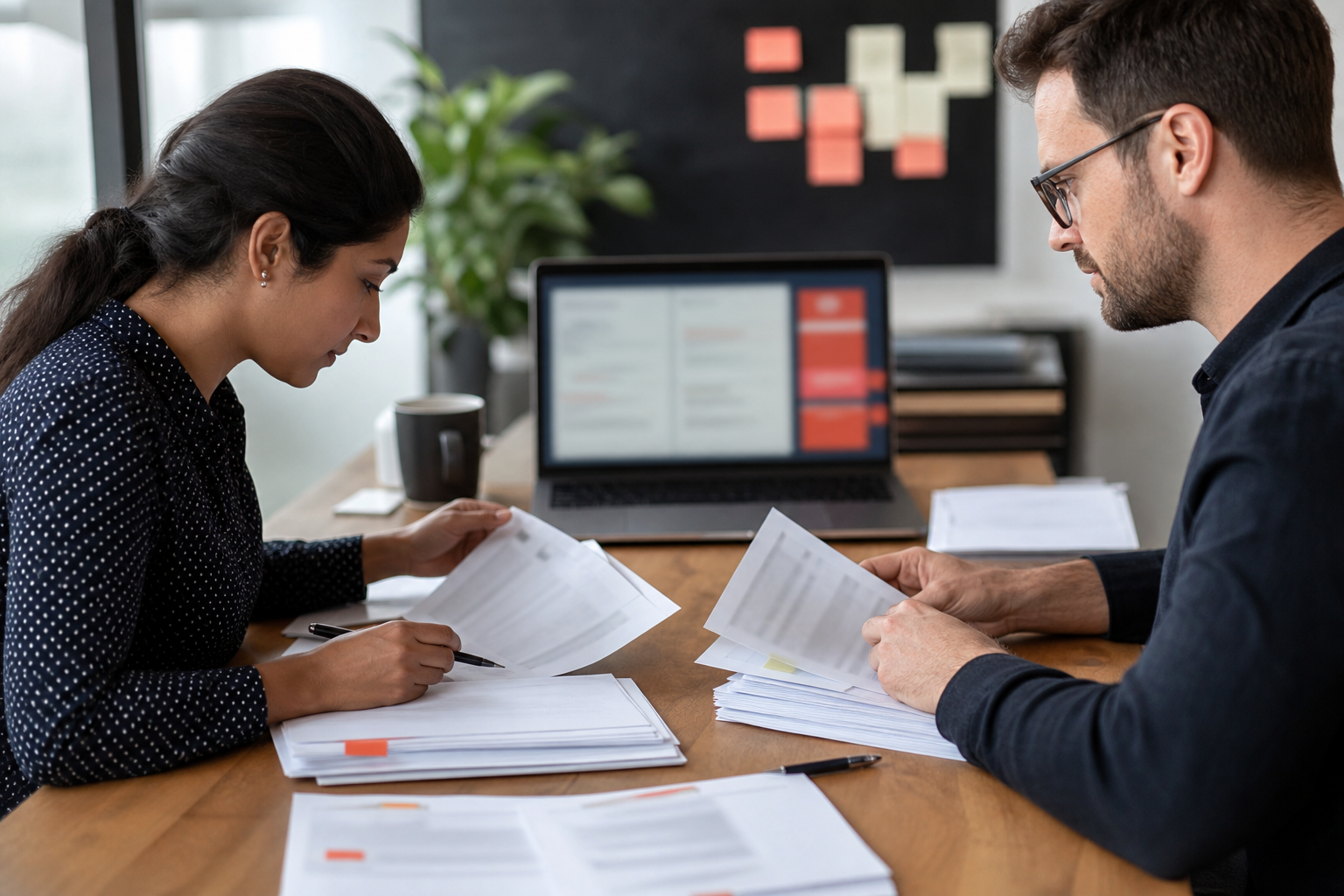 Small business team reviewing exception documents in an AI document processing workflow with unreadable screens