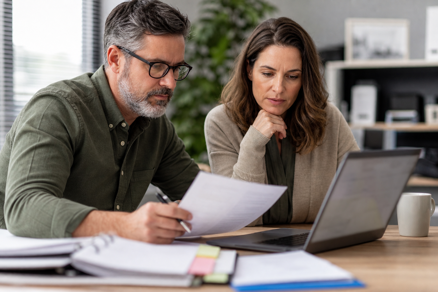 Small business owner and finance manager checking exceptions in an AI-assisted weekly reporting workflow with unreadable documents