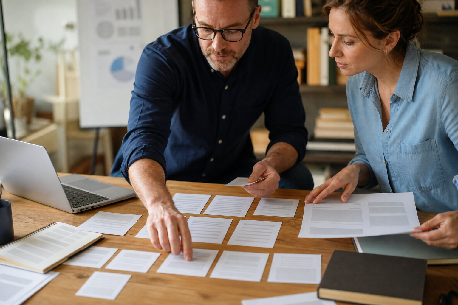 Small business owner and advisor organizing expert source material for answer engine citations