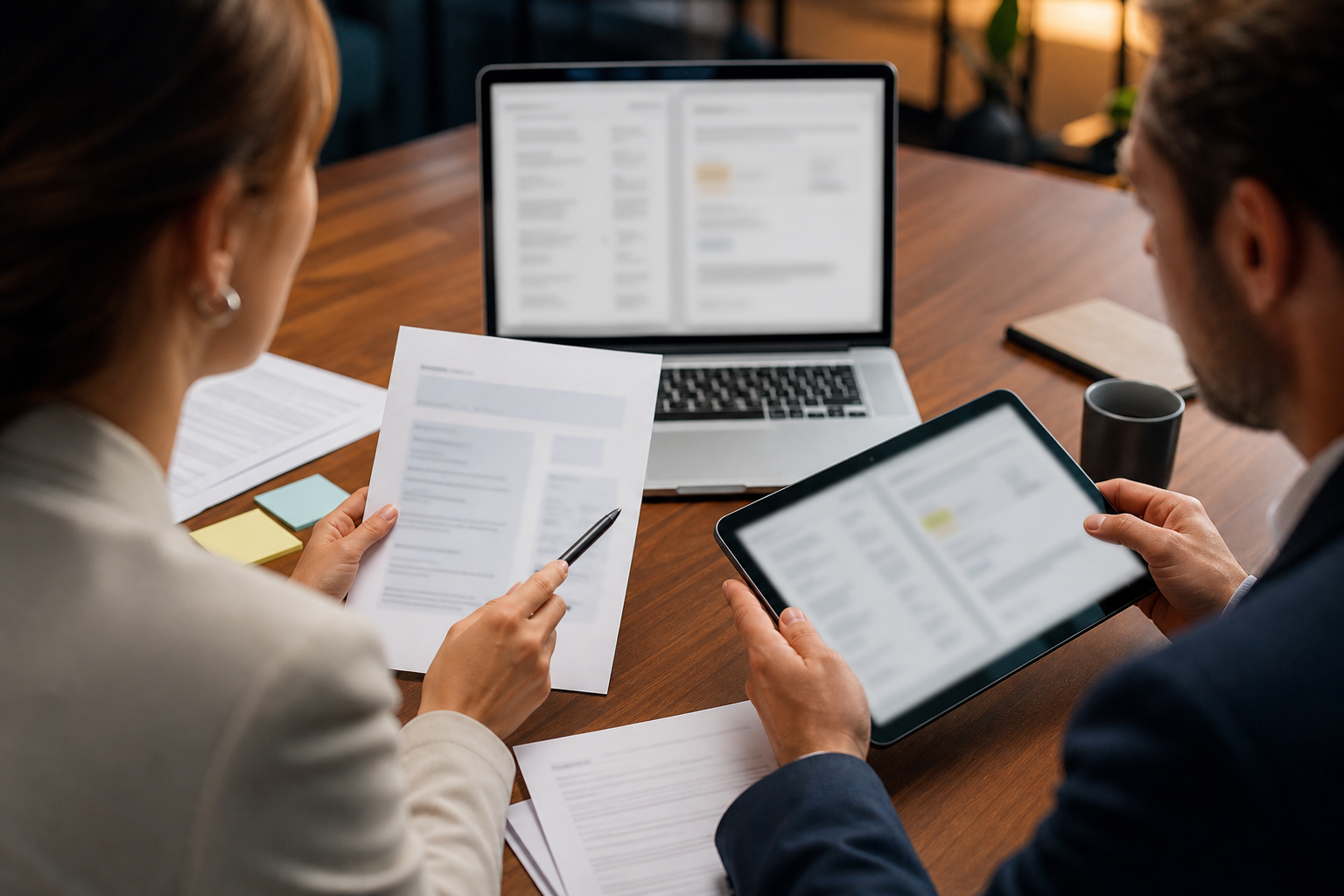 Small business team reviewing AI-extracted document fields on blurred screens before approval