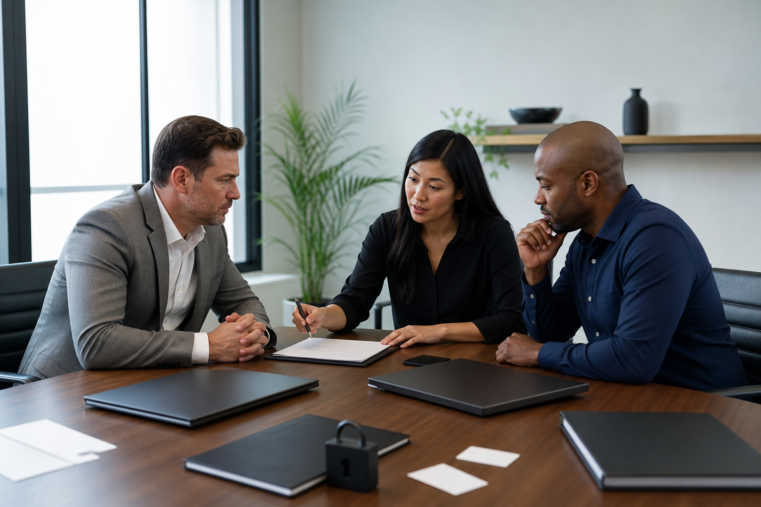 Small business owner, accountant, and operations lead reviewing finance automation controls before connecting accounting software