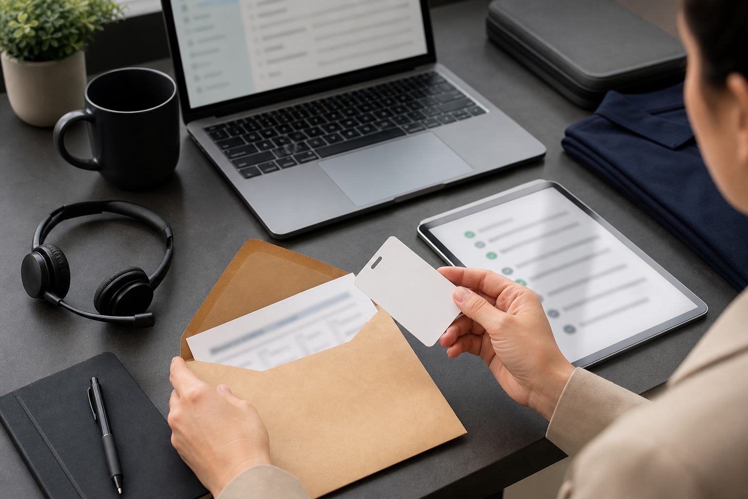 Operations lead setting up first-week onboarding tasks with unreadable checklist screens and new hire materials