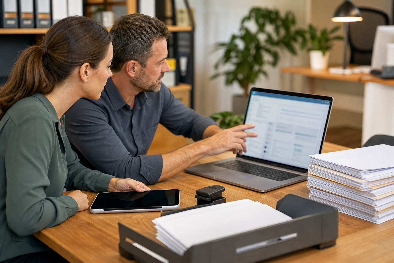 Small business owner and assistant reviewing a blurred form-to-CRM handoff workflow