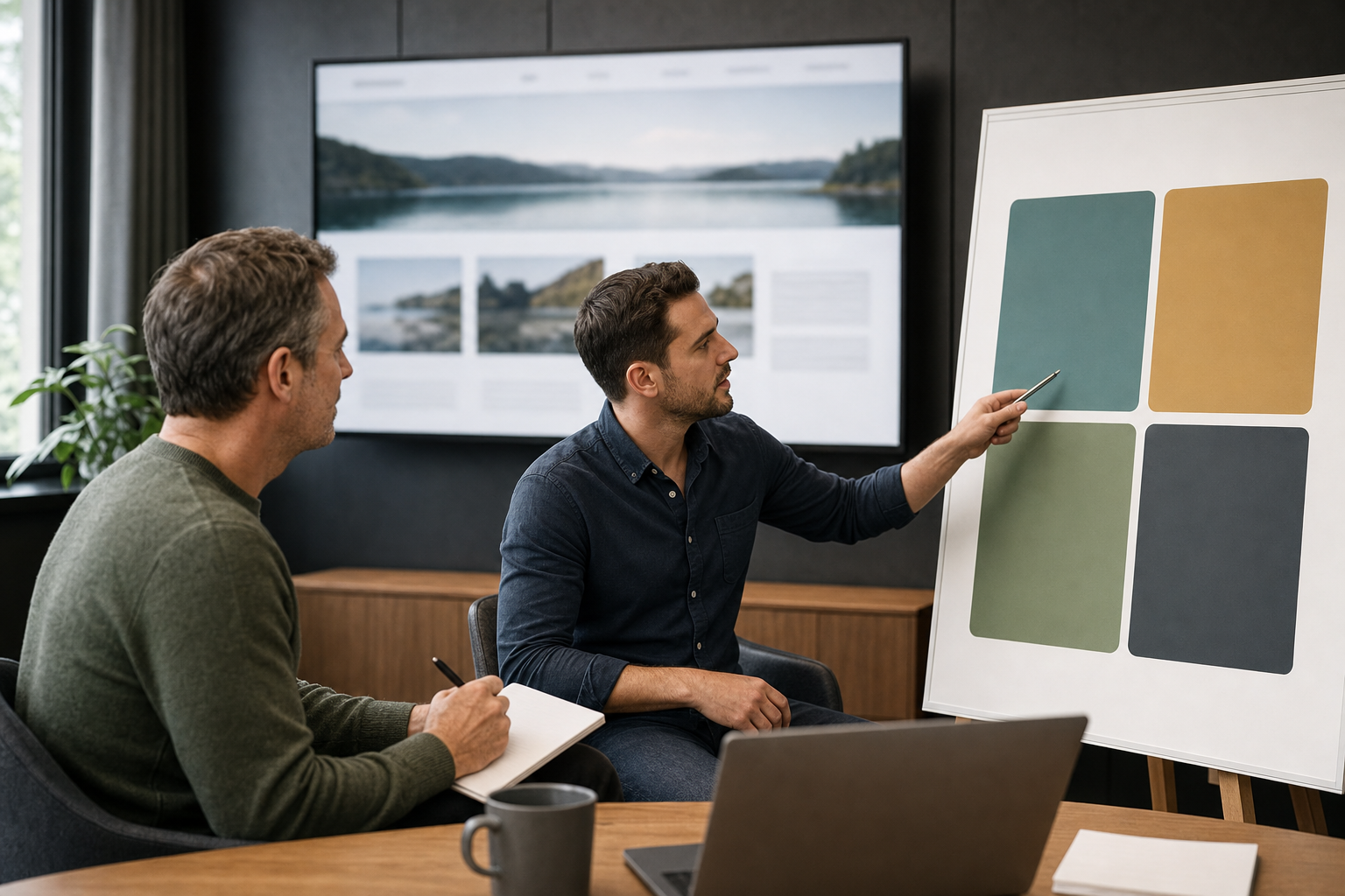 Consultant and small business owner reviewing an abstract four-part AI search visibility framework