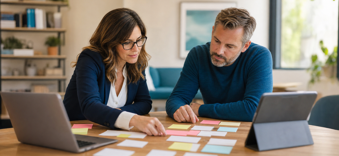 Small business owner and AI advisor reviewing a ChatGPT recommendation visibility plan