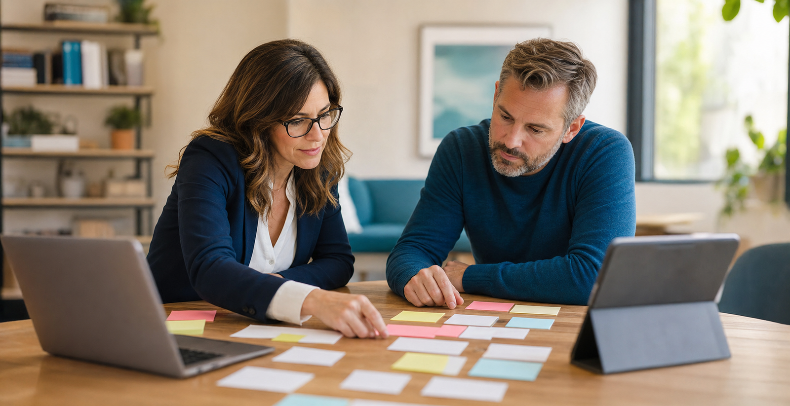 Small business owner and AI advisor reviewing a ChatGPT recommendation visibility plan