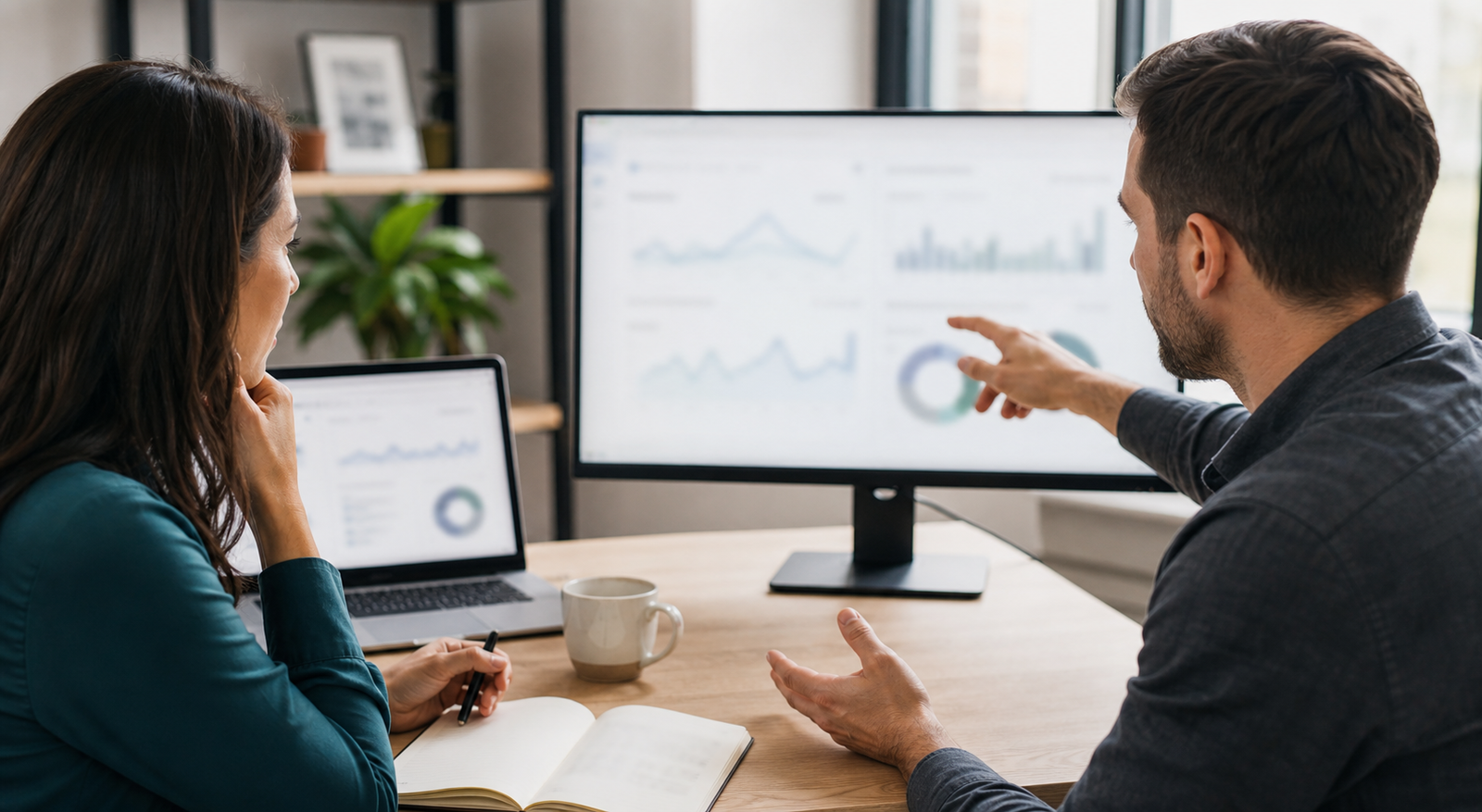 Small business marketing manager and consultant reviewing abstract Google AI Search measurement patterns