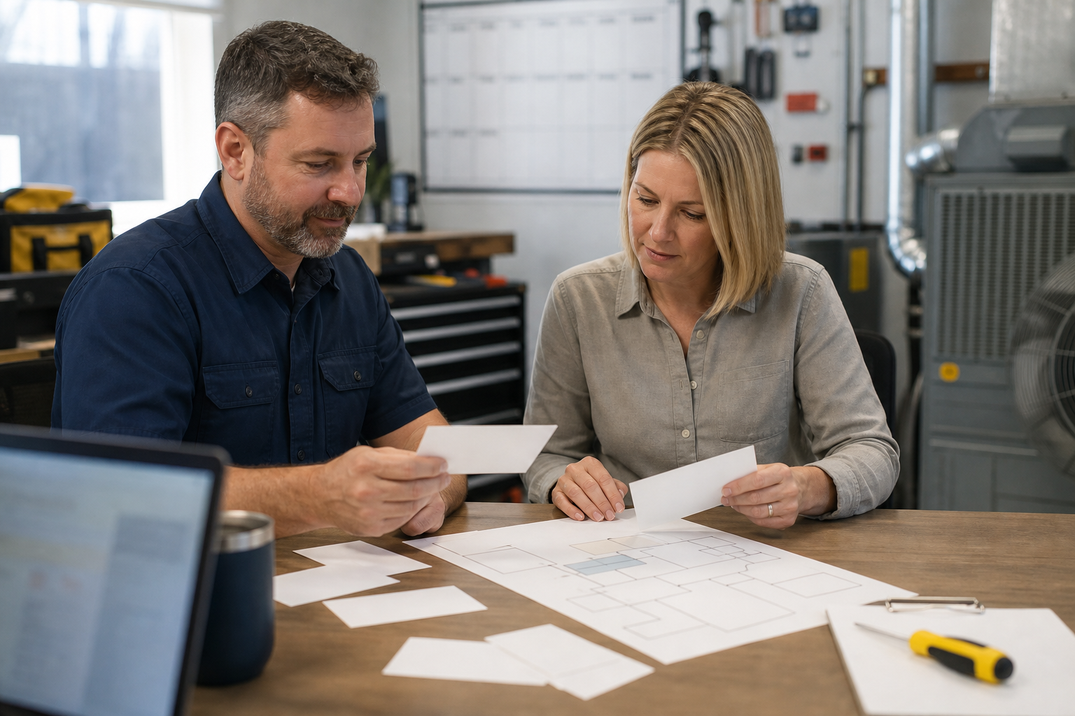Home services business owner reviewing service information for AI search clarity