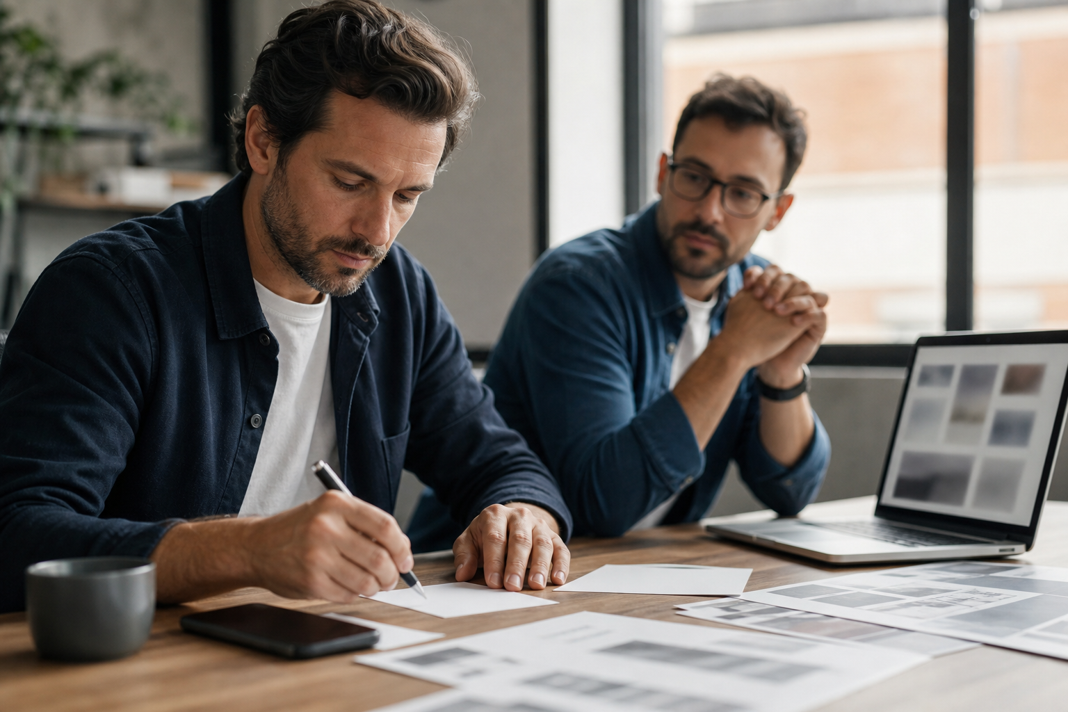 Business owner doing a final human approval pass on AI-assisted social media drafts