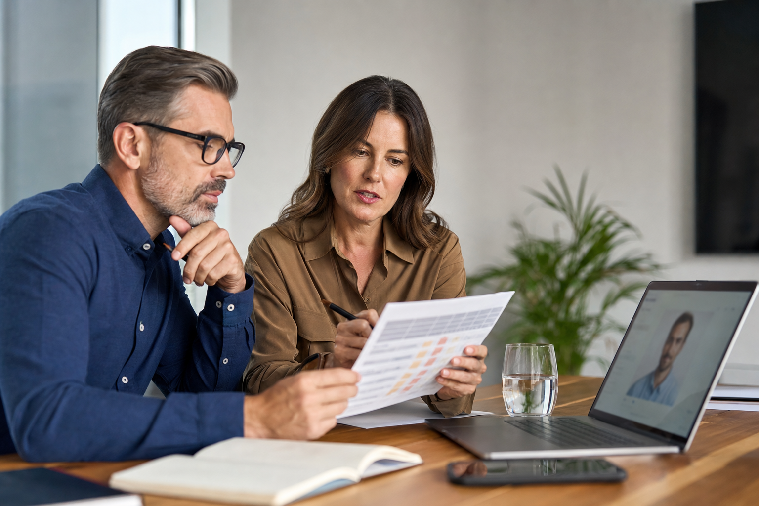 Small business owner and hiring manager reviewing candidate fit with unreadable scorecards and human judgment